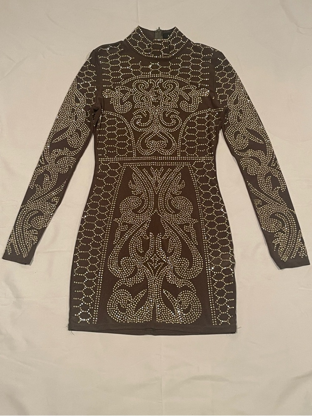 AKIRA Sheer Olive Long Sleeve Studded Bodycon Dress